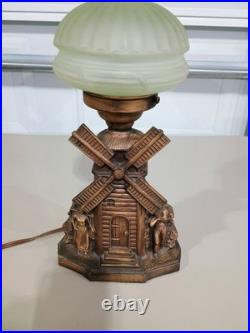 1920-30s ART DECO castmetal boudoir windmill Lamp Uranium Glass Globe