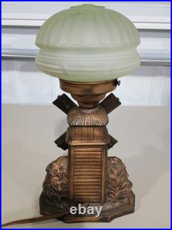 1920-30s ART DECO castmetal boudoir windmill Lamp Uranium Glass Globe
