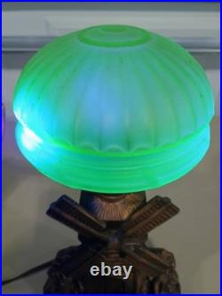 1920-30s ART DECO castmetal boudoir windmill Lamp Uranium Glass Globe