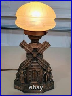 1920-30s ART DECO castmetal boudoir windmill Lamp Uranium Glass Globe