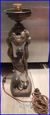 1920 Antique Art Deco Nouveau Figural Table Lamp, Orig Glass Globe Shade