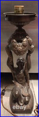 1920 Antique Art Deco Nouveau Figural Table Lamp, Orig Glass Globe Shade
