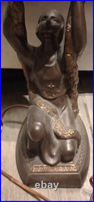 1920 Antique Art Deco Nouveau Figural Table Lamp, Orig Glass Globe Shade