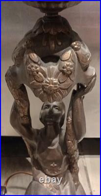 1920 Antique Art Deco Nouveau Figural Table Lamp, Orig Glass Globe Shade