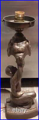 1920 Antique Art Deco Nouveau Figural Table Lamp, Orig Glass Globe Shade