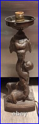 1920 Antique Art Deco Nouveau Figural Table Lamp, Orig Glass Globe Shade