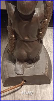 1920 Antique Art Deco Nouveau Figural Table Lamp, Orig Glass Globe Shade