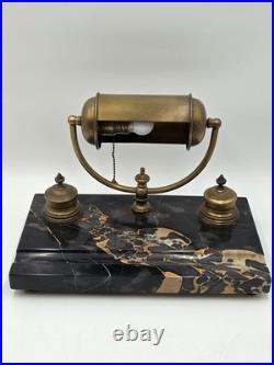 1920 Art Deco Brass Barrel Desk Lamp on Portoro Marble Base Dual Brass Inkwells