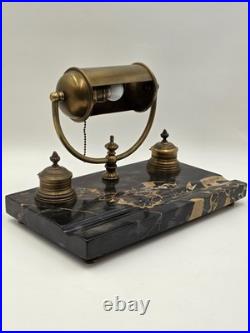 1920 Art Deco Brass Barrel Desk Lamp on Portoro Marble Base Dual Brass Inkwells