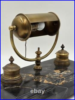 1920 Art Deco Brass Barrel Desk Lamp on Portoro Marble Base Dual Brass Inkwells