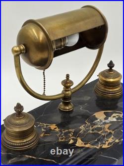 1920 Art Deco Brass Barrel Desk Lamp on Portoro Marble Base Dual Brass Inkwells