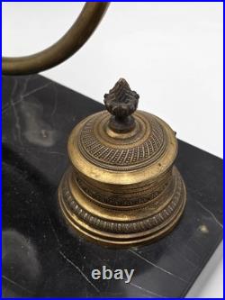 1920 Art Deco Brass Barrel Desk Lamp on Portoro Marble Base Dual Brass Inkwells