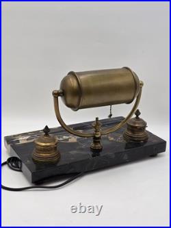 1920 Art Deco Brass Barrel Desk Lamp on Portoro Marble Base Dual Brass Inkwells