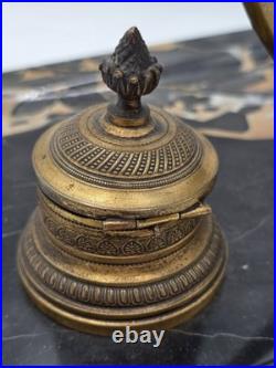 1920 Art Deco Brass Barrel Desk Lamp on Portoro Marble Base Dual Brass Inkwells