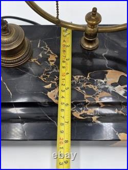 1920 Art Deco Brass Barrel Desk Lamp on Portoro Marble Base Dual Brass Inkwells