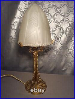 1920 Art Deco Gold Bronze Floral Sculpture Glass Dome Mushroom Lamp