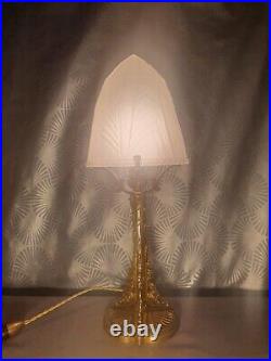 1920 Art Deco Gold Bronze Floral Sculpture Glass Dome Mushroom Lamp