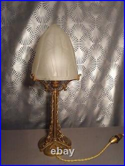 1920 Art Deco Gold Bronze Floral Sculpture Glass Dome Mushroom Lamp