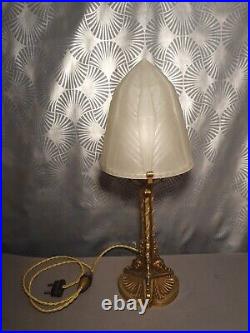 1920 Art Deco Gold Bronze Floral Sculpture Glass Dome Mushroom Lamp