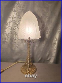 1920 Art Deco Gold Bronze Floral Sculpture Glass Dome Mushroom Lamp