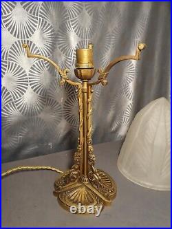 1920 Art Deco Gold Bronze Floral Sculpture Glass Dome Mushroom Lamp