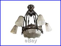 1920 French Art Deco Signed Chandelier Ceiling Lamp / Fixture