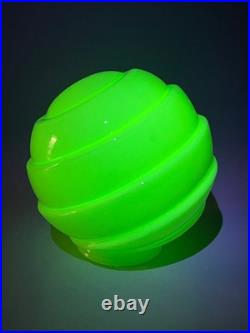 1920 Loetz Art Deco Vaseline Uranium Glass Lamp Shade Globe Ball Ribbed Diagonal