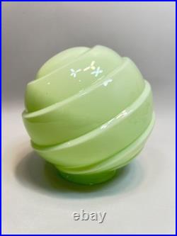 1920 Loetz Art Deco Vaseline Uranium Glass Lamp Shade Globe Ball Ribbed Diagonal