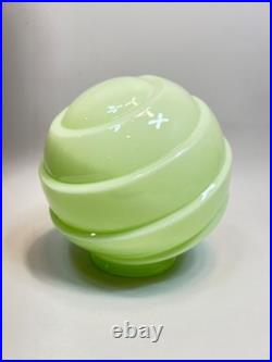 1920 Loetz Art Deco Vaseline Uranium Glass Lamp Shade Globe Ball Ribbed Diagonal