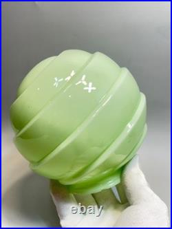 1920 Loetz Art Deco Vaseline Uranium Glass Lamp Shade Globe Ball Ribbed Diagonal