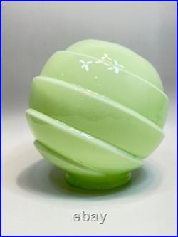 1920 Loetz Art Deco Vaseline Uranium Glass Lamp Shade Globe Ball Ribbed Diagonal