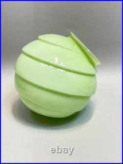 1920 Loetz Art Deco Vaseline Uranium Glass Lamp Shade Globe Ball Ribbed Diagonal