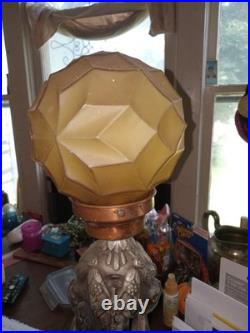 1920's Art Deco Female & Floral Motif Figural Lamp Orange Globe