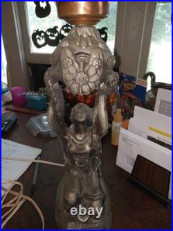 1920's Art Deco Female & Floral Motif Figural Lamp Orange Globe