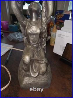 1920's Art Deco Female & Floral Motif Figural Lamp Orange Globe