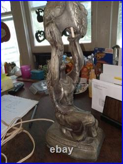 1920's Art Deco Female & Floral Motif Figural Lamp Orange Globe