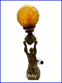 1920's Art Deco Female & Floral Motif Figural Lamp with Amber Globe 1920's Art Deco Female & Floral Motif Figural Lamp with Amber Globe
