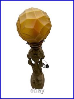 1920's Art Deco Female & Floral Motif Figural Lamp with Amber Globe
