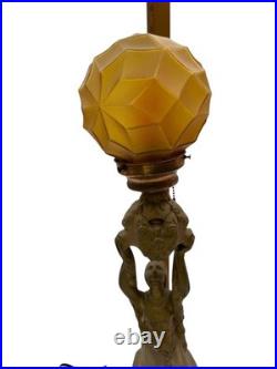 1920's Art Deco Female & Floral Motif Figural Lamp with Amber Globe