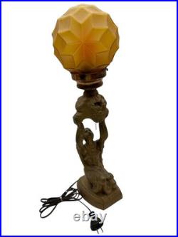 1920's Art Deco Female & Floral Motif Figural Lamp with Amber Globe