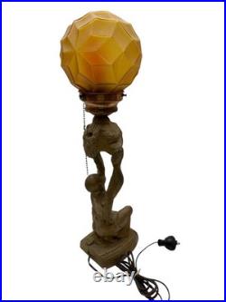 1920's Art Deco Female & Floral Motif Figural Lamp with Amber Globe