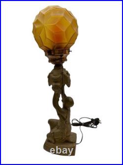 1920's Art Deco Female & Floral Motif Figural Lamp with Amber Globe 1920's Art Deco Female & Floral Motif Figural Lamp with Amber Globe