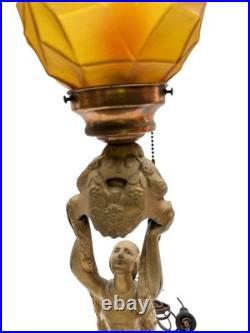 1920's Art Deco Female & Floral Motif Figural Lamp with Amber Globe