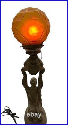 1920's Art Deco Female & Floral Motif Figural Lamp with Amber Globe