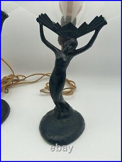 1920's Art Nouveau Nude Nymph Art Deco Black 9 Lamp Lady Set of 2
