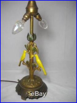 1920's Polychrome Lamp with Figural Canaries On Branches with Art Deco Shade