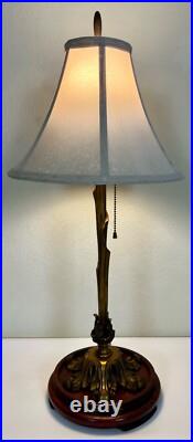 1920s Art Deco Bronze Floral Table Lamp with Silk Shade