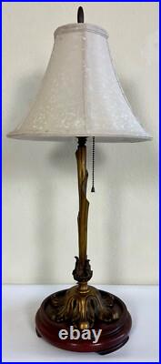 1920s Art Deco Bronze Floral Table Lamp with Silk Shade