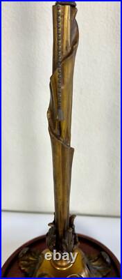 1920s Art Deco Bronze Floral Table Lamp with Silk Shade