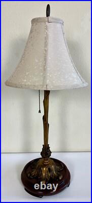 1920s Art Deco Bronze Floral Table Lamp with Silk Shade